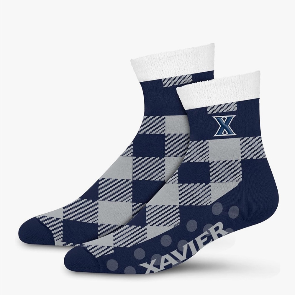 Xavier Musketeers For Bare Feet Navy and Light Gray Plaid Crew Socks